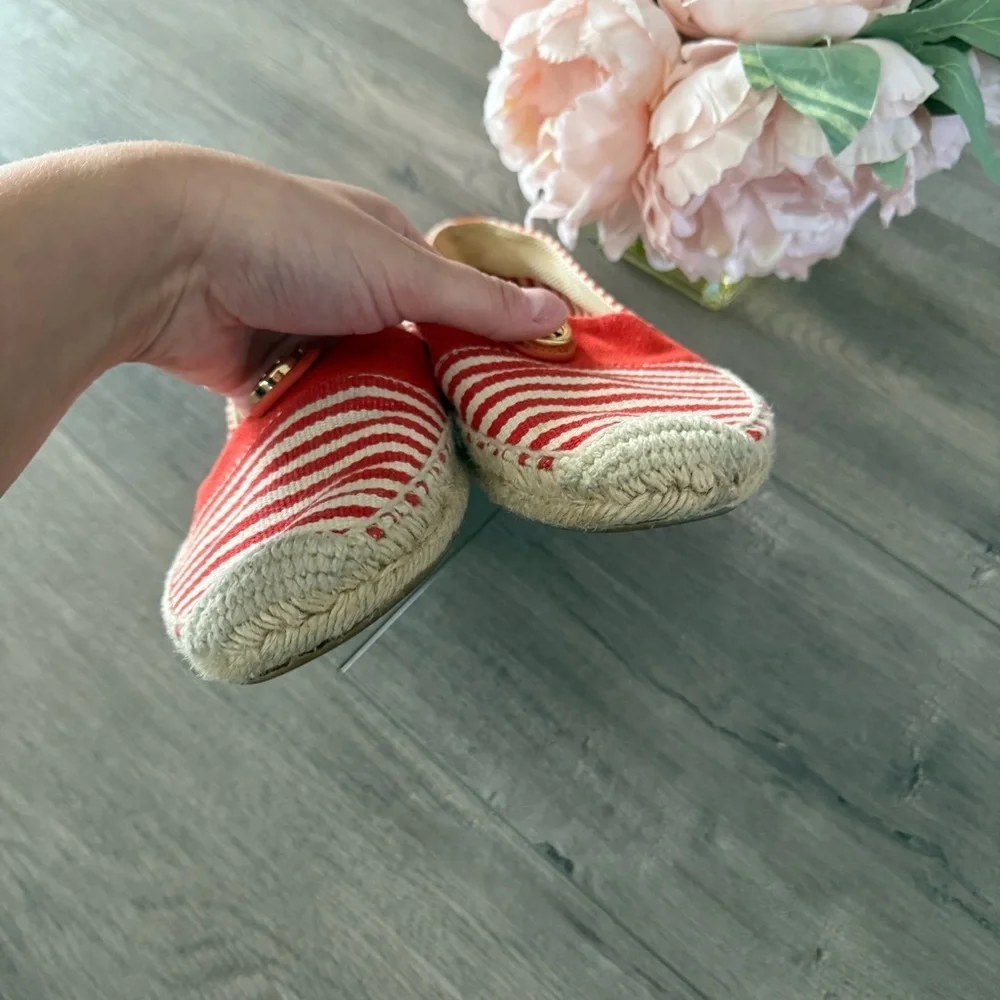 Tory Burch‎ Red Orange Striped Linen Slide On Espadrilles